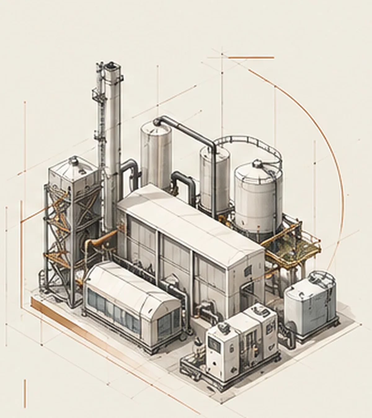 Isometric drawing of an industrial facility with storage tanks, a process column, connecting pipework and a control building