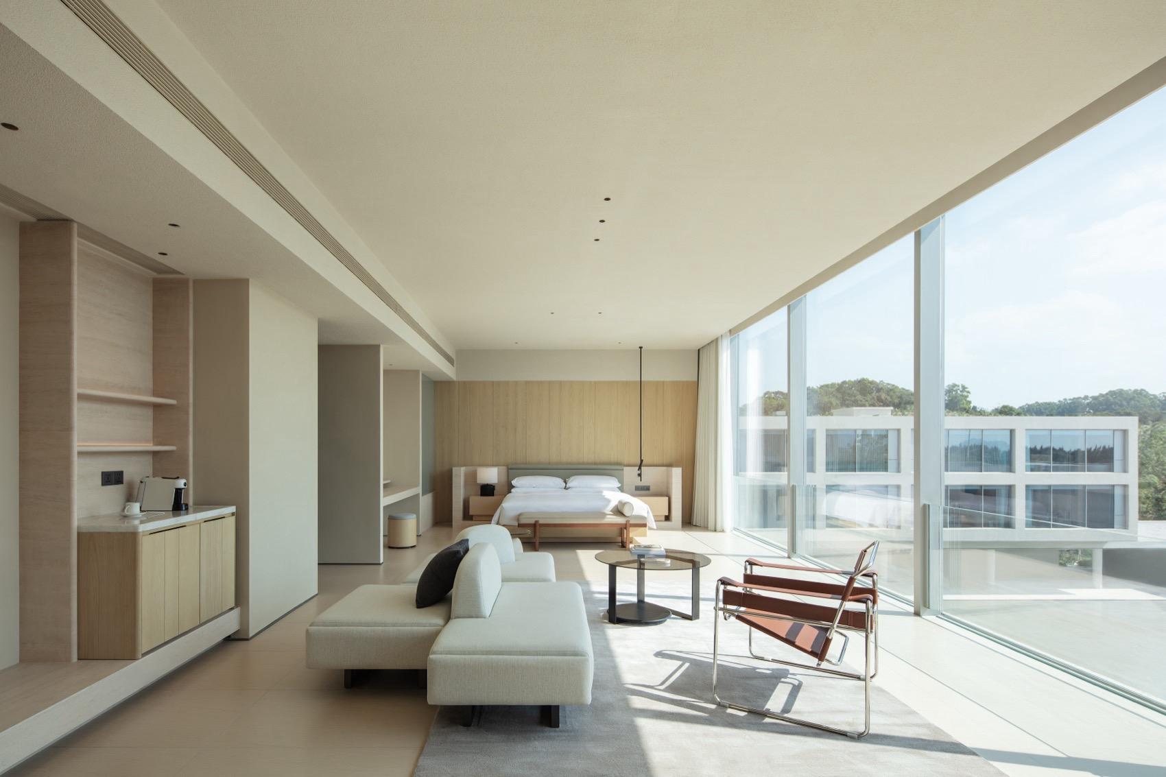 Open-plan interior with a timber ceiling, full-height glazing and minimalist furniture
