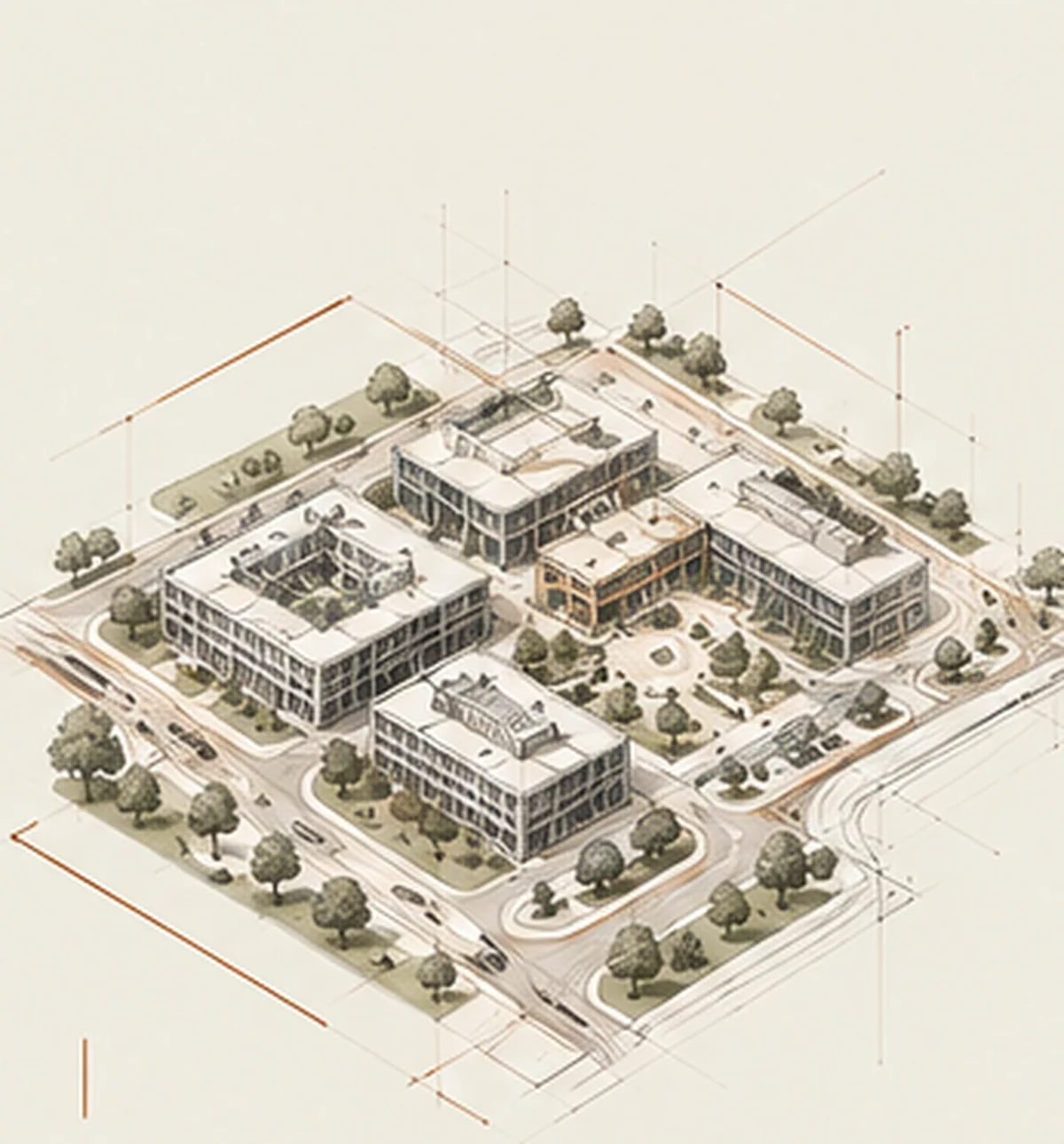 Isometric masterplan drawing of city blocks arranged around courtyards, with roads, parking and scattered planting