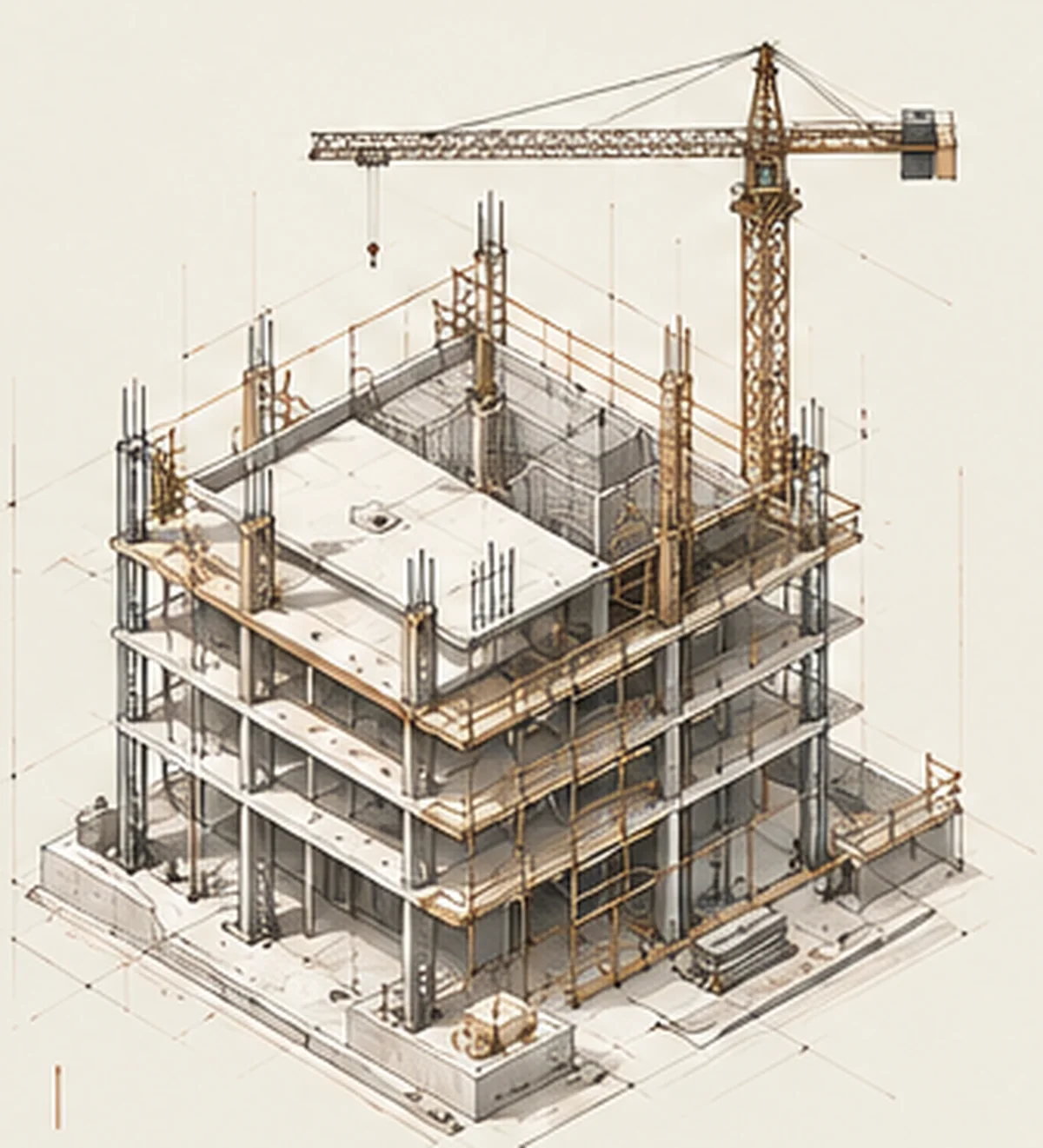Isometric drawing of a concrete frame under construction with scaffolding, safety netting and a tower crane lifting a load