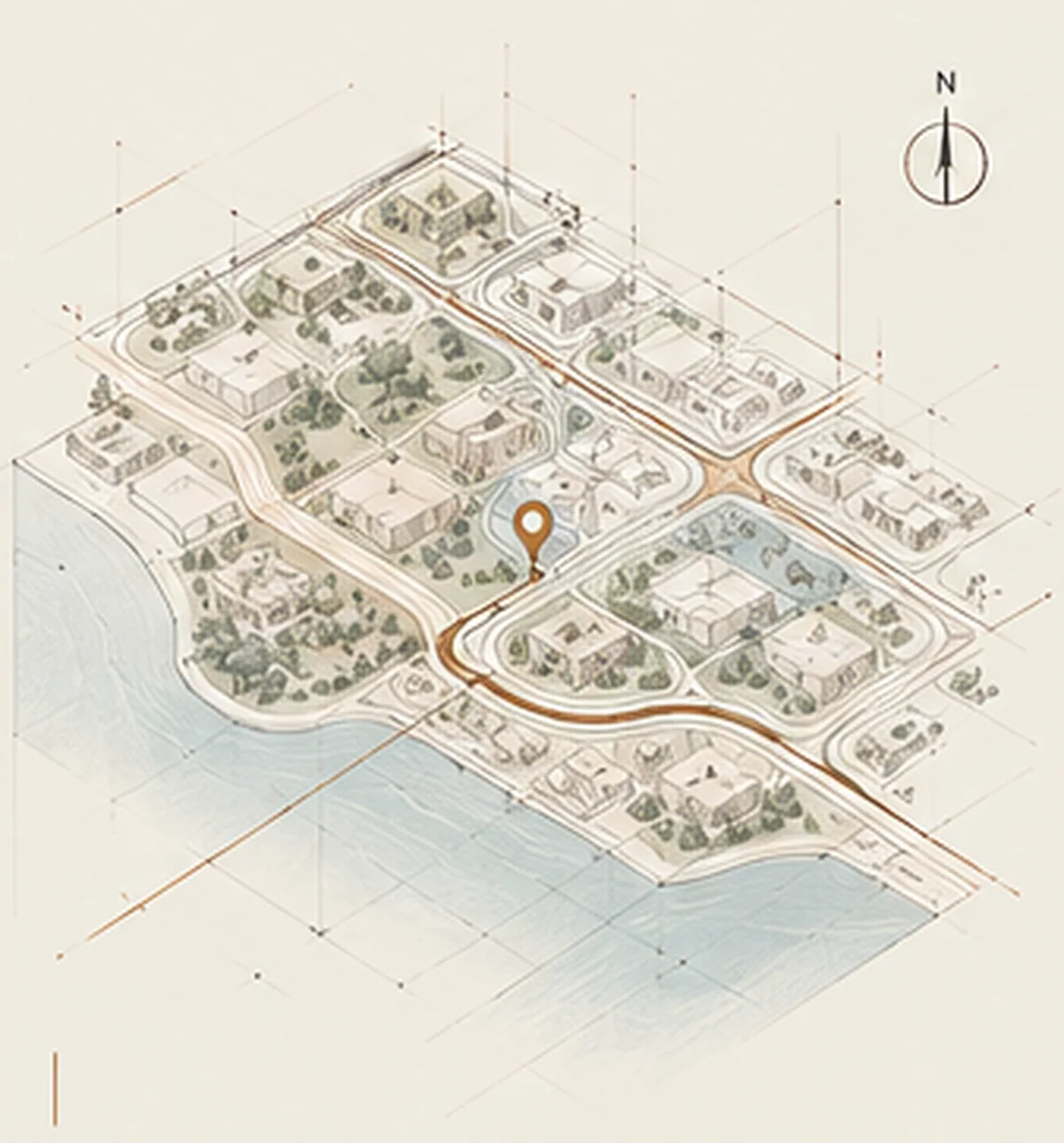Isometric site-map drawing of a coastal development, with roads, buildings, a route line and a compass rose