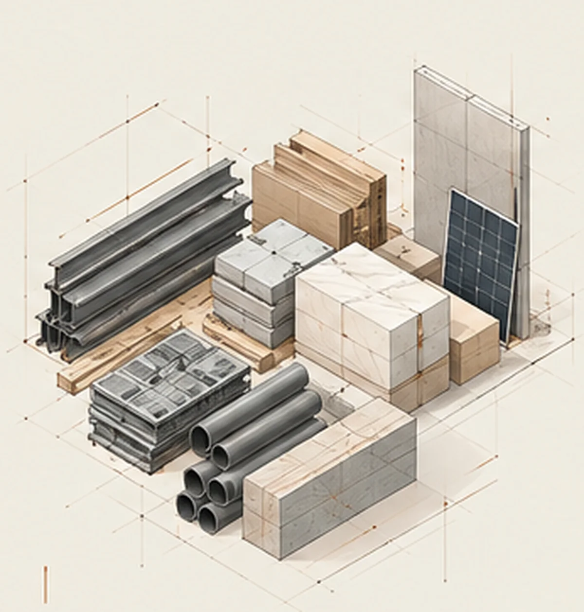 Isometric drawing of construction materials — stacked steel beams, timber planks, concrete blocks, pipes and a solar panel