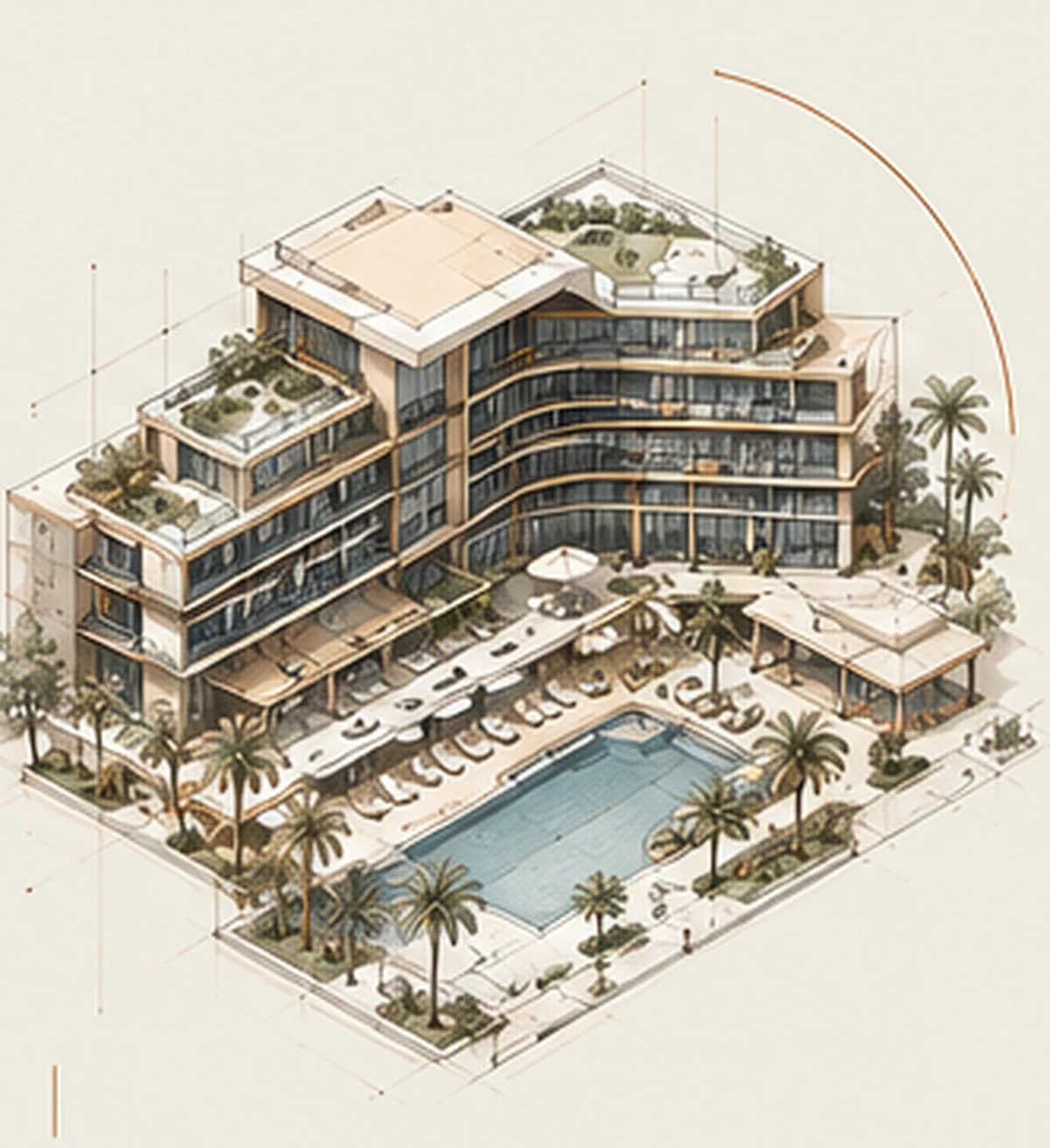 Isometric drawing of a resort complex with curved balconies, a pool terrace with loungers and parasols, and palm planting