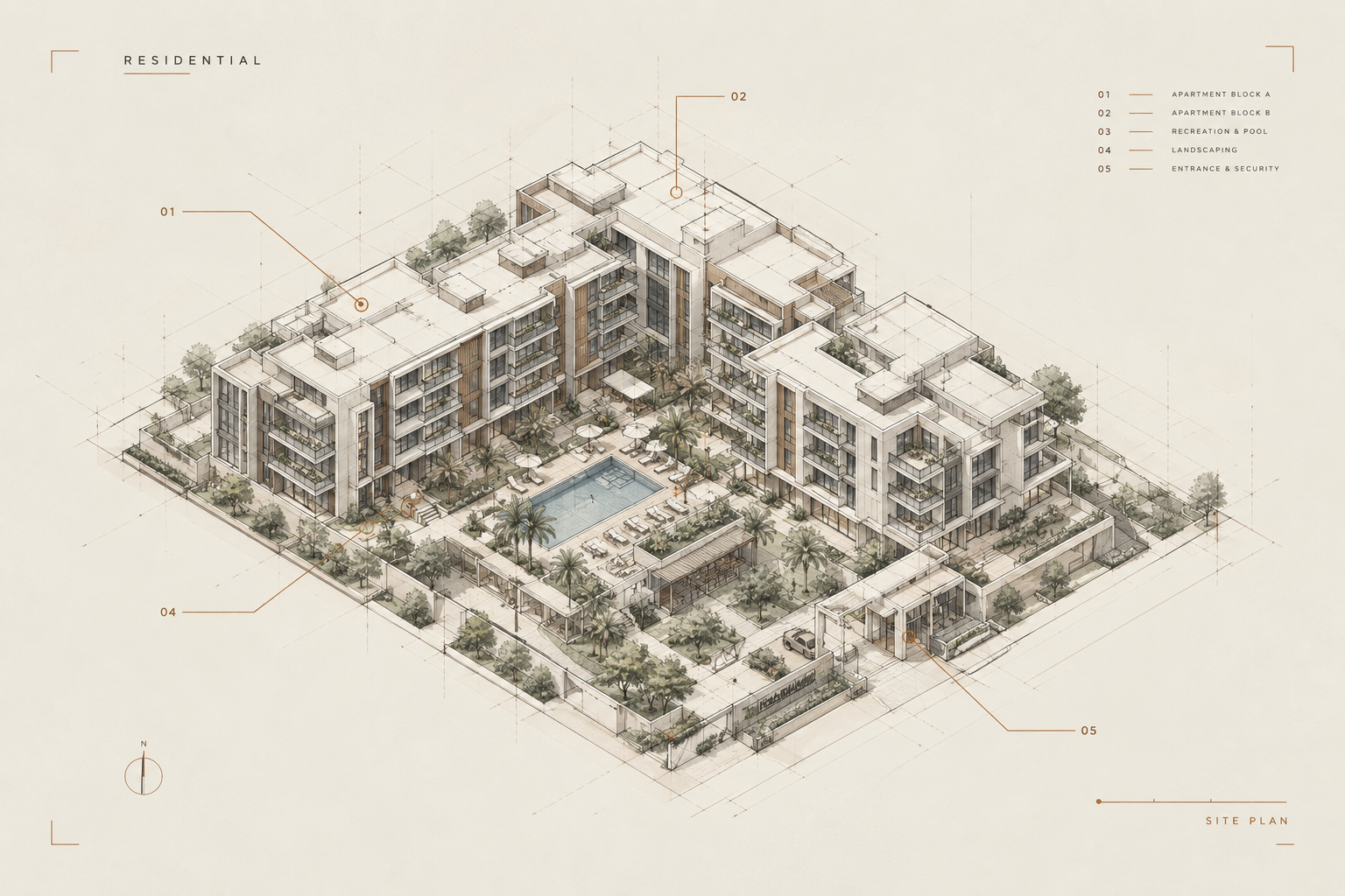 Isometric drawing of a multi-storey building with a glazed cantilever, planted roof terraces and a colonnaded entrance, set among paving and trees