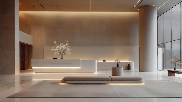 Minimalist reception with a white desk, blossom arrangement and warm cove lighting